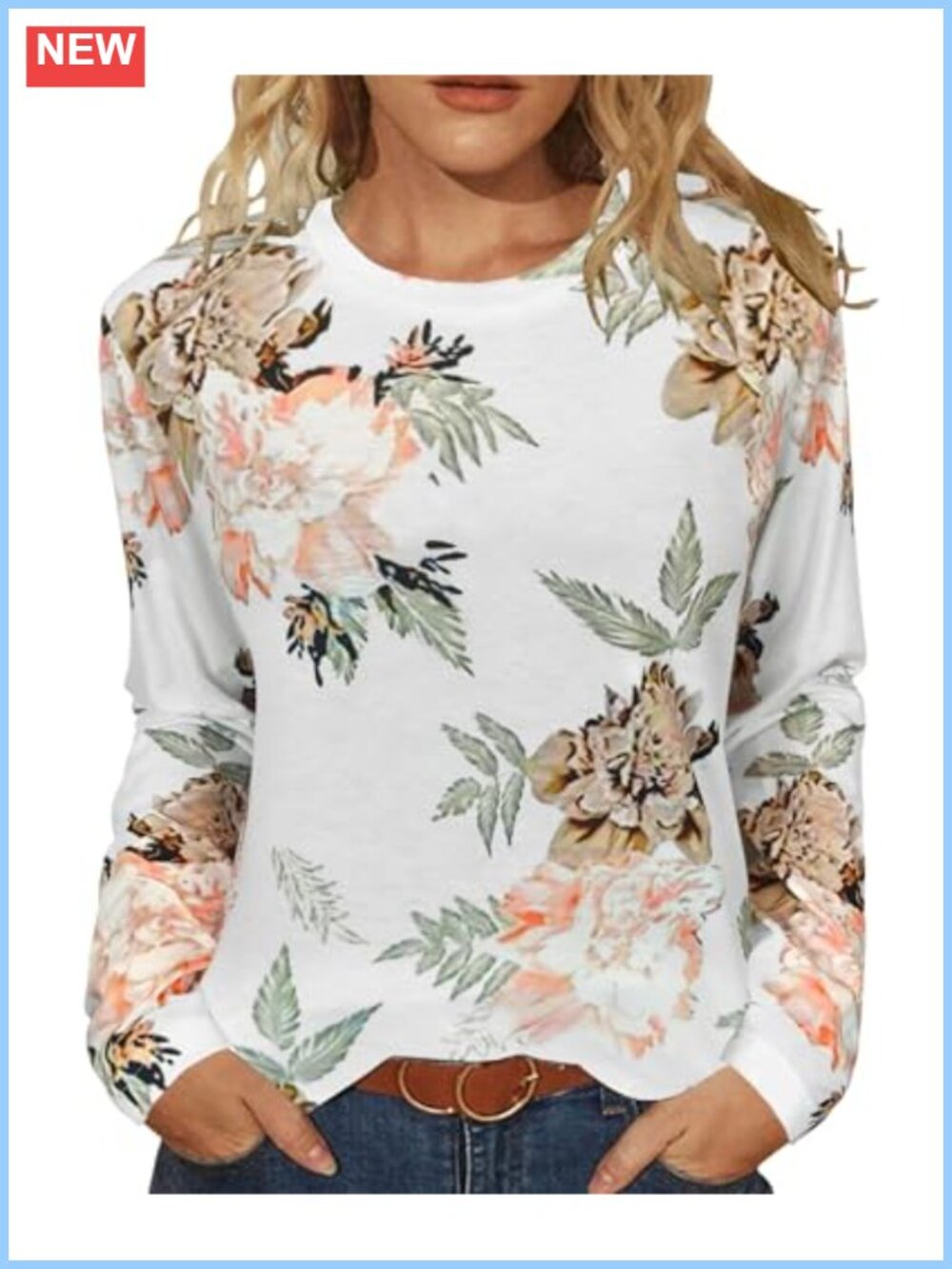 Womens Long Sleeve Round Neck Loose Casual Tunic Blouse Floral Print